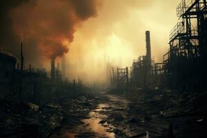 AI generated Factory in the smoke. Global warming concept. 3D illustration, Abandoned industrial area shrouded in smoke and smog, Disaster concept, AI Generated photo