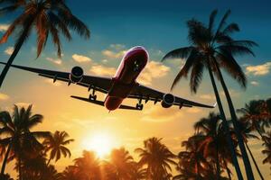 AI generated Airplane flying over palm trees at sunset. Travel and vacation concept, Airplane flying above palm trees in a clear sunset sky with sun rays, AI Generated photo