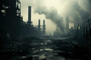 AI generated Foggy industrial landscape with smoking chimneys. 3D rendering, Abandoned industrial area shrouded in smoke and smog, Disaster concept, AI Generated photo