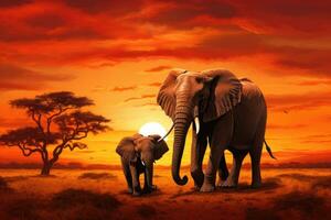 AI generated African safari scene with elephants in the savannah at sunset, African savannah captured at sunset with two elephants Loxodonta africana in the scene, AI Generated photo