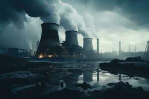 AI generated Industrial landscape with power plant. 3d rendering. toned image, Coal-fired power plant with plumes of smoke and steam rising from the cooling towers, AI Generated photo