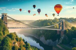 ai generado vistoso caliente aire globos volador terminado Danubio río en budapest, Hungría, Clifton suspensión puente con caliente aire globos en el Bristol globo fiesta en agosto, ai generado foto