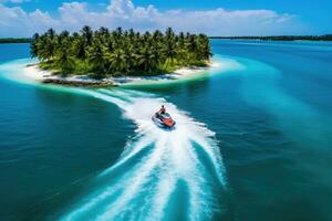 AI generated Aerial view of motor boat on tropical island with palm trees, Aerial view of Jet Ski, Tropical Ocean island summer vacation, AI Generated photo