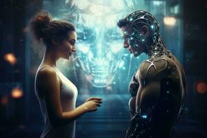 AI generated Side view of two female cyborgs looking at each other in futuristic room, AI in the future coexisting happily with humans, AI Generated photo