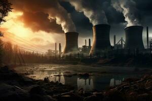 AI generated Power plant polluting environment. Global warming concept. Toned, Coal-fired power plant with plumes of smoke and steam rising from the cooling towers, AI Generated photo