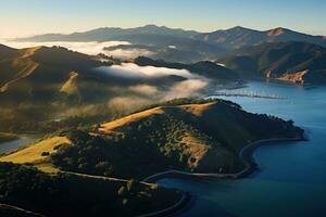 AI generated Aerial view of the lake and mountains at sunset, South Island, New Zealand, Aerial view of Marin Headlands and the Golden Gate Bay at sunset, AI Generated photo