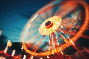 AI generated Ferris wheel at amusement park in motion blur, toned image, Abstract blur image of an illuminated Ferris wheel in an amusement park, AI Generated photo