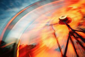 AI generated Ferris wheel in motion blur, toned image. Abstract background, Abstract blur image of an illuminated Ferris wheel in an amusement park, AI Generated photo