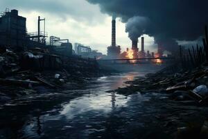 AI generated Factory in smoke and smog. Global warming concept. 3D rendering, Abandoned factory in the middle of the river, Concept of environmental pollution, AI Generated photo