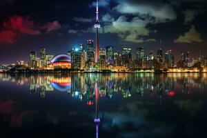 ai generado llevar a la fuerza horizonte a noche con reflexión en huangpu Río, China, cn torre y Toronto puerto reflexión, ai generado foto