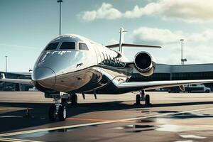 AI generated Passenger airplane on the tarmac of the airport. 3d rendering, Close-up of a business jet parked outside, AI Generated photo