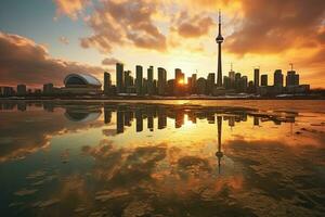 ai generado llevar a la fuerza horizonte a atardecer, porcelana. llevar a la fuerza es el capital de porcelana, cn torre y Toronto puerto reflexión, ai generado foto