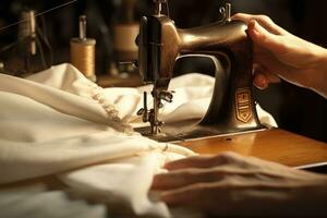 AI generated Sewing machine and woman hands working with fabric on the table, Close-up of a sewing machine and the hand of a seamstress working on fabric, AI Generated photo