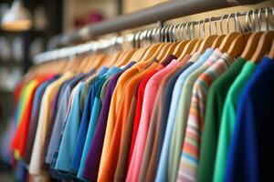 AI generated Colorful shirts on hangers in fashion store, closeup view, Clothing on hangers in a fashion store, Shallow depth of field, AI Generated photo