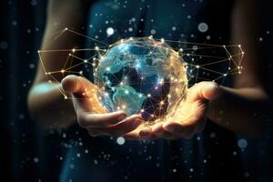 AI generated Close up of businesswoman holding in palms glowing earth globe. 3D rendering, Close-up of a woman's hand holding the global network connection concept, Mixed media, AI Generated photo