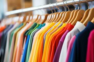 AI generated Colorful shirts on hangers in a shop, close-up, Clothing on hangers in a fashion store, Shallow depth of field, AI Generated photo