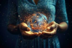 AI generated Close up of woman holding in hands glowing earth globe. Global business concept, Close-up of a woman's hand holding the global network connection concept, Mixed media, AI Generated photo