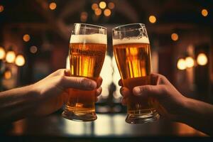 AI generated Close-up of male hands clinking glasses with beer in pub, Closeup view of two glasses of beer in hand, Beer glasses clinking in bars or pub, AI Generated photo