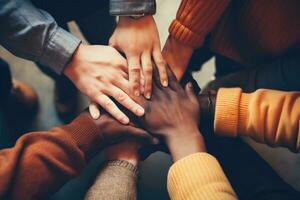 AI generated Group of diverse people putting their hands together on top of each other, Close-up of diverse people joining their hands, top view, AI Generated photo