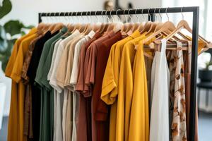 ai generado de moda ropa colgando en perchas en moderno vendaje habitación a hogar, ropa en un percha a el moderno tienda boutique, ai generado foto