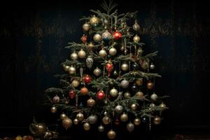ai generado Navidad árbol con adornos y adornos en un oscuro fondo, Navidad árbol con decoraciones, ai generado foto