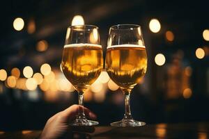 AI generated Two glasses of champagne on a table in a bar, bokeh background, Closeup view of two glasses of beer in hand, Beer glasses clinking in bars or pub, AI Generated photo