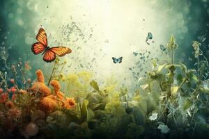 AI generated Butterfly and flowers in the meadow. Spring nature background, Biological and science background, AI Generated photo