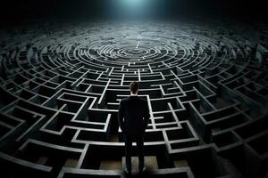AI generated Businessman standing in front of a circular maze looking at the exit, Businessman facing a large maze on a black background, AI Generated photo