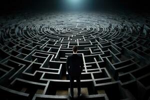 AI generated Businessman standing in front of a circular maze looking at the exit, Businessman facing a large maze on a black background, AI Generated photo