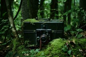 AI generated Old camera in the forest. Vintage camera in the green forest, Camera trap or spy photo camera in the forest, AI Generated