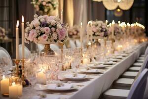 ai generado Boda banquete mesa decorado con flores y velas, capturar el elegancia de un Boda banquete mesa decorado con flores y velas en un Boda lugar de eventos interior, ai generado foto