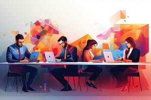 AI generated Conceptual image with people working on computers and gadgets in office, Capture a group of developers working in an office, surrounded by abstract illustrations, AI Generated photo