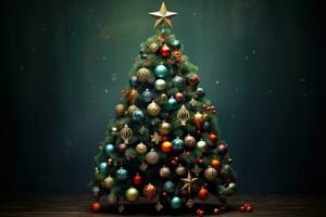 AI generated Christmas tree with baubles and ornaments on dark background, Christmas tree with decorations, AI Generated photo