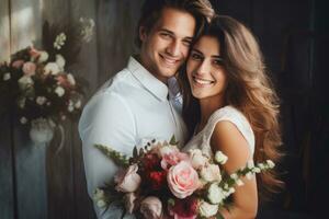 AI generated Beautiful young couple in love. A man and a woman in a white shirt with a bouquet of flowers, Caucasian happy romantic young couple celebrating their marriage, AI Generated photo