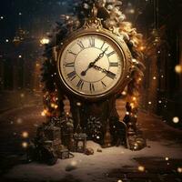 AI generated Old vintage clock and Christmas decorations on the background of a winter street, christmas and new year holidays concept, AI Generated photo