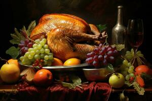 ai generado acción de gracias Turquía con uvas, manzanas y vino en un oscuro fondo, Navidad o acción de gracias pavo, ai generado foto