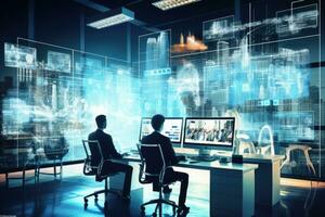 AI generated Business people working in modern office with hologram screens. Teamwork concept. Double exposure, Business people working in a modern office with virtual screens on the, AI Generated photo