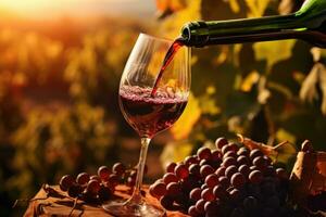 AI generated Red wine pouring into glass on vineyard in sunset light, closeup, Close-up of a woman's hand pouring red wine in the vineyard, AI Generated photo