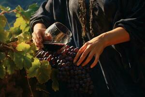 AI generated Woman with glass of red wine and grapes in vineyard, closeup, Close-up of a woman's hand pouring red wine in the vineyard, AI Generated photo