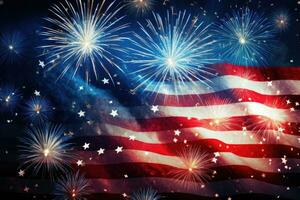 AI generated American flag with fireworks on the background of the american national flag, Celebratory fireworks against the background of the American flag on US Independence Day, AI Generated photo