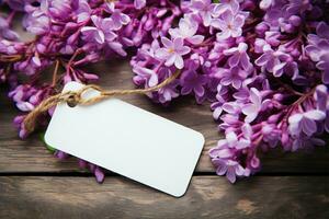 ai generado etiquetado flores lila flores con un vacío etiqueta, resistido madera foto