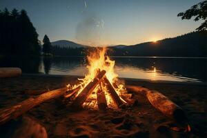 AI generated Chill vibes Bonfire by the lake in an outdoor nature setting photo