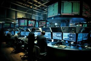 AI generated Security guard monitoring modern CCTV cameras in surveillance room. Toned, Bustling trading floor with multiple monitors displaying real-time financial data and stock market, AI Generated photo