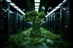 AI generated Digital composite of Tree in server room with dark background. 3d rendering, Bright server room with trees and grass growing out of servers, AI Generated photo