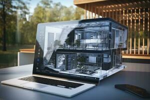 AI generated 3d rendering of a model of a house on a laptop screen, CAD 3D rendering of a house plan on the computer, displaying a mockup of the house design in 3D, AI Generated photo