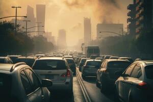 ai generado tráfico mermelada en el la carretera en el ciudad. tráfico mermelada concepto, coche tráfico en el ciudad, aire contaminación, ai generado foto