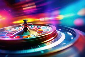 AI generated Casino roulette wheel on dark background. 3d render illustration, Casino roulette wheel in motion on a colorful background, AI Generated photo