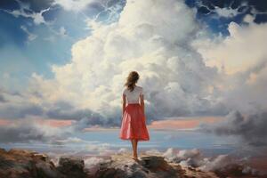 AI generated Beautiful woman in red dress standing on top of a rock against cloudy sky, Breathtaking painting capturing the beauty of the cloudy sky, AI Generated photo