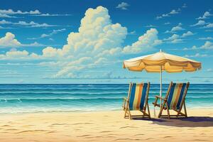 AI generated Illustration of a beach with two deckchairs and a beach umbrella, Chairs and umbrella in a tropical beach - Seascape Banner, AI Generated photo