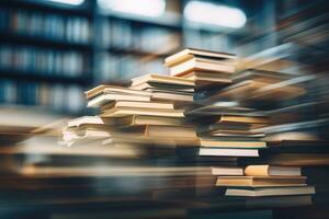 AI generated pile of books in library with motion blur background, education concept, Book stack in the library and blurred bookshelf, AI Generated photo